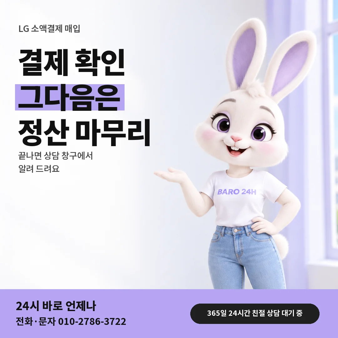 휴대폰을 보며 웃는 BARO 24H 티셔츠를 입은 3D 토끼 캐릭터 옆에 「LG 결제 확인 뒤 정산」 제목을 얹은 안내 카드
