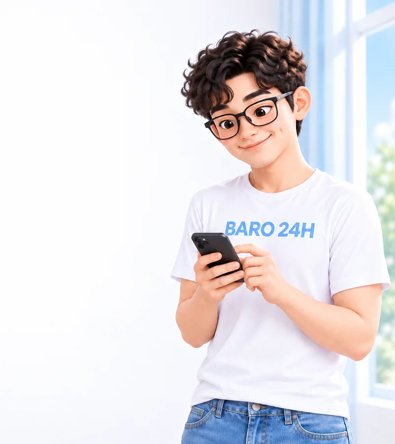 휴대폰을 들고 상담을 안내하는 BARO 24H 티셔츠 차림의 20대 3D 인물